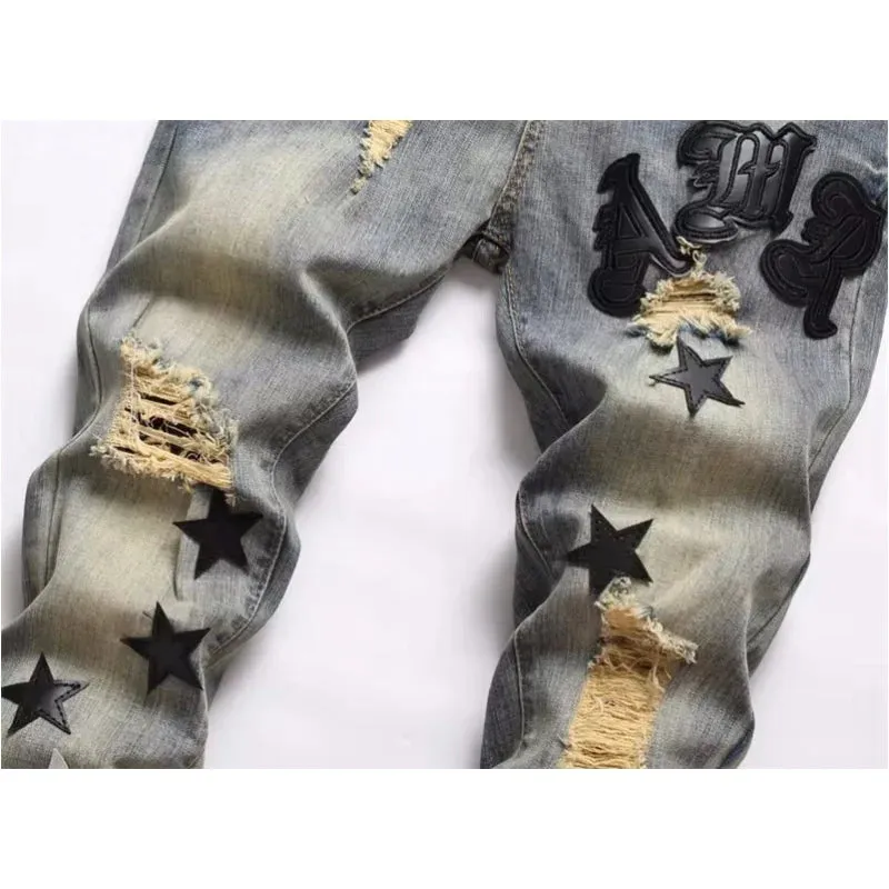 Riolio European Jeans With Distressed Patches, Trendy Elastic Slim Fit Leggings, Versatile Men's Pants