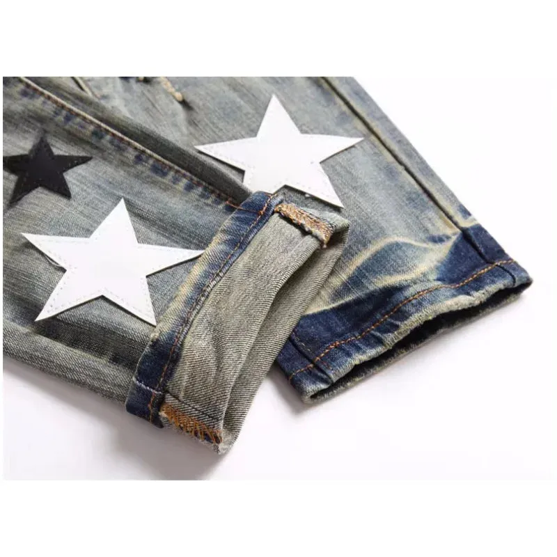 Riolio European Jeans With Distressed Patches, Trendy Elastic Slim Fit Leggings, Versatile Men's Pants