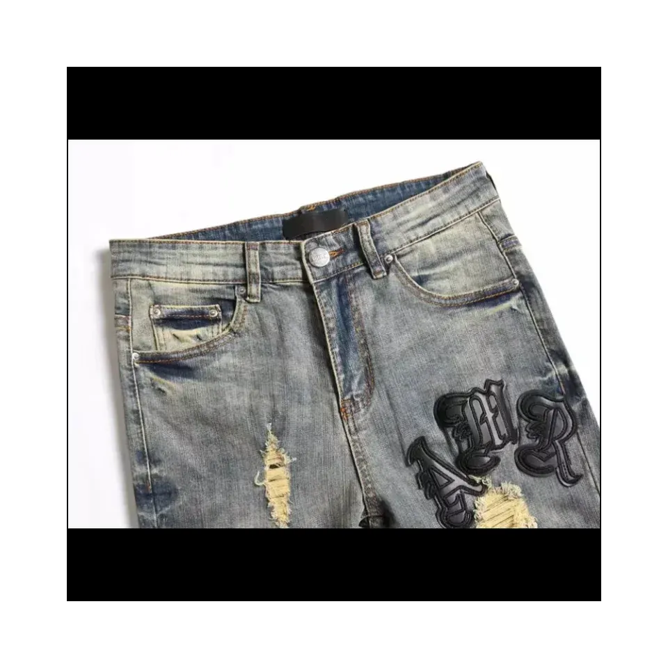 Riolio European Jeans With Distressed Patches, Trendy Elastic Slim Fit Leggings, Versatile Men's Pants