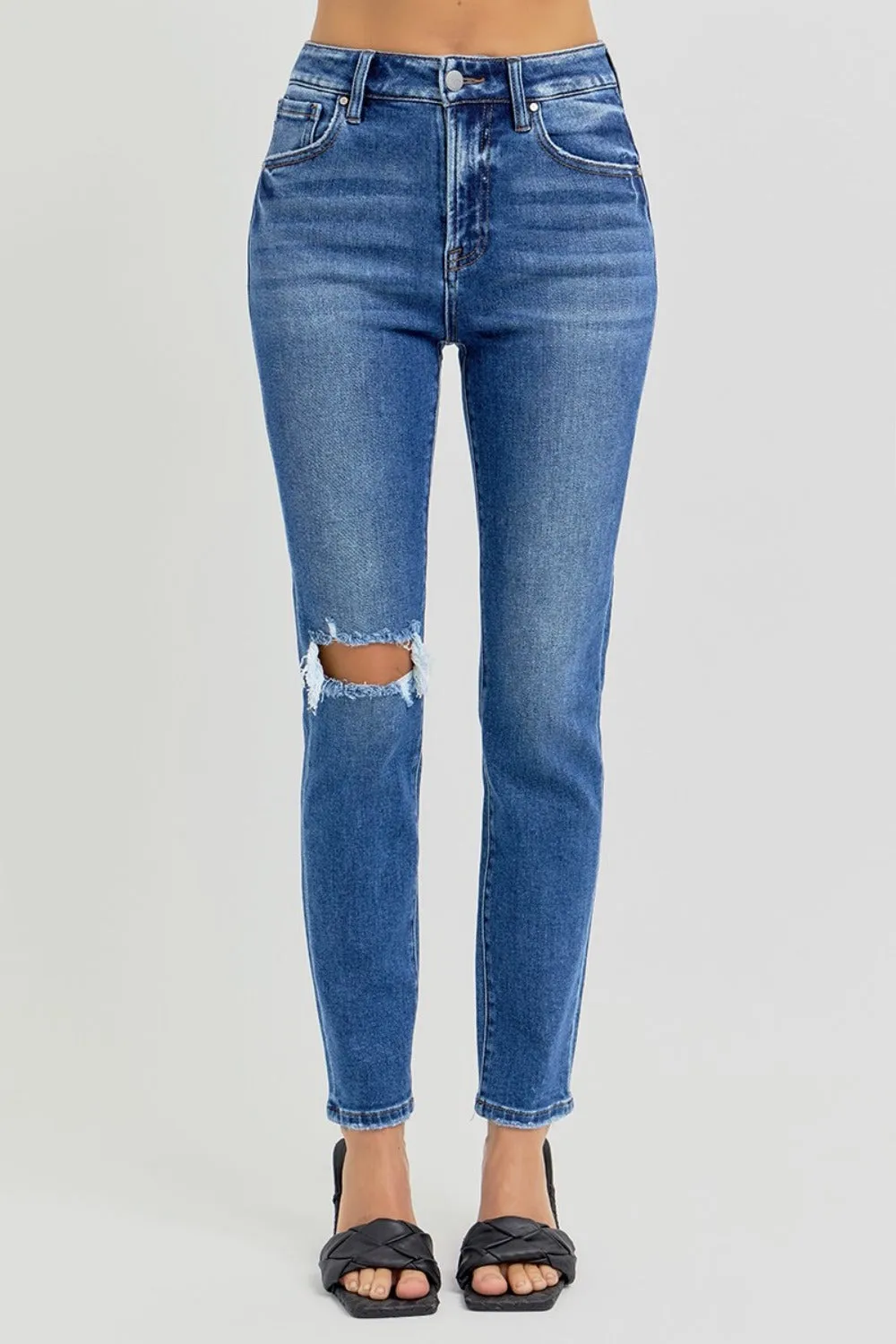 RISEN High Rise Ankle Skinny Knee Distressed Jeans