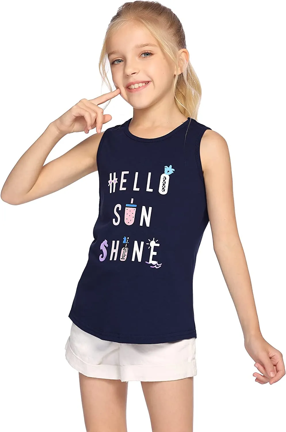 Size 12 - 13 Years "Hello Sun Shine" Trendy Summer Sleeveless Crewneck Tank Top
