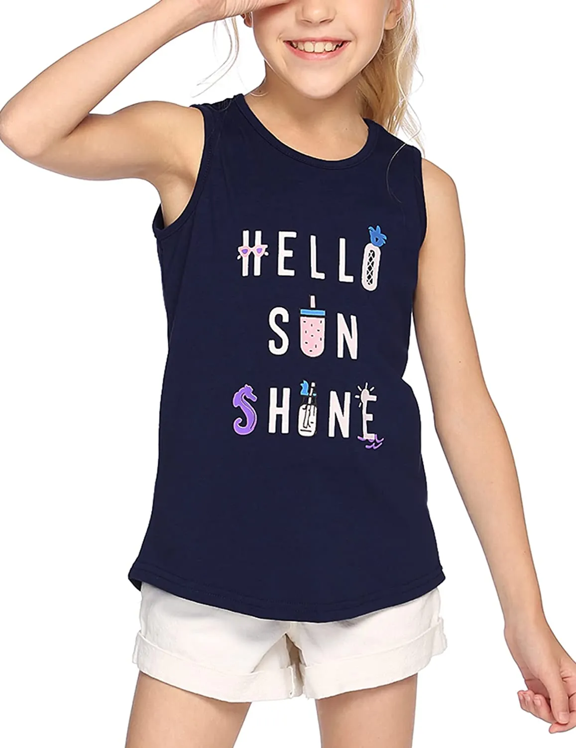 Size 12 - 13 Years "Hello Sun Shine" Trendy Summer Sleeveless Crewneck Tank Top