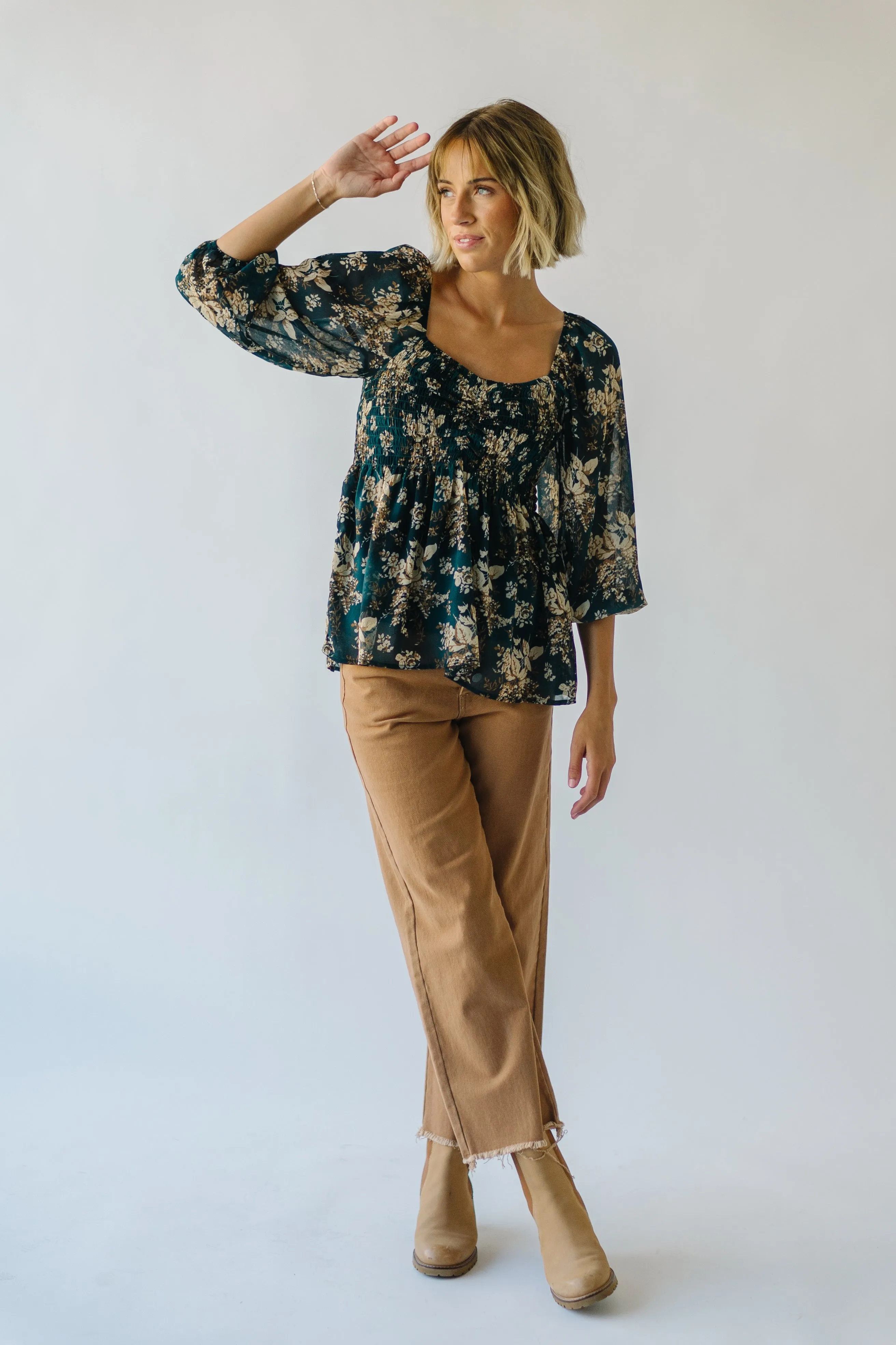 The Mableton Floral Balloon Sleeve Blouse in Navy Multi