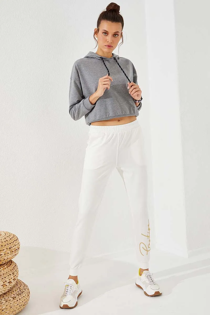 TMY Ecru Writing Embroidered Jogger Comfortable Fit Cuffed Women's Sweatpants - 94578 - Brest