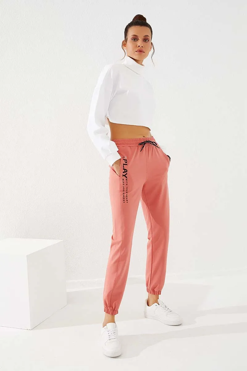 TMY Powder High Waist Embroidered Comfortable Fit Elastic Cuff Women's Sweatpants - 94573 - Mouscron