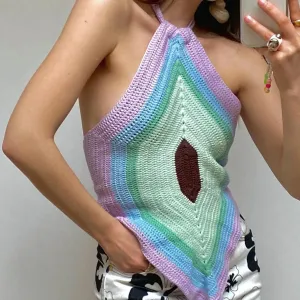Vacation Ready Plaid Panel Modern Knitted Halter Top - Green
