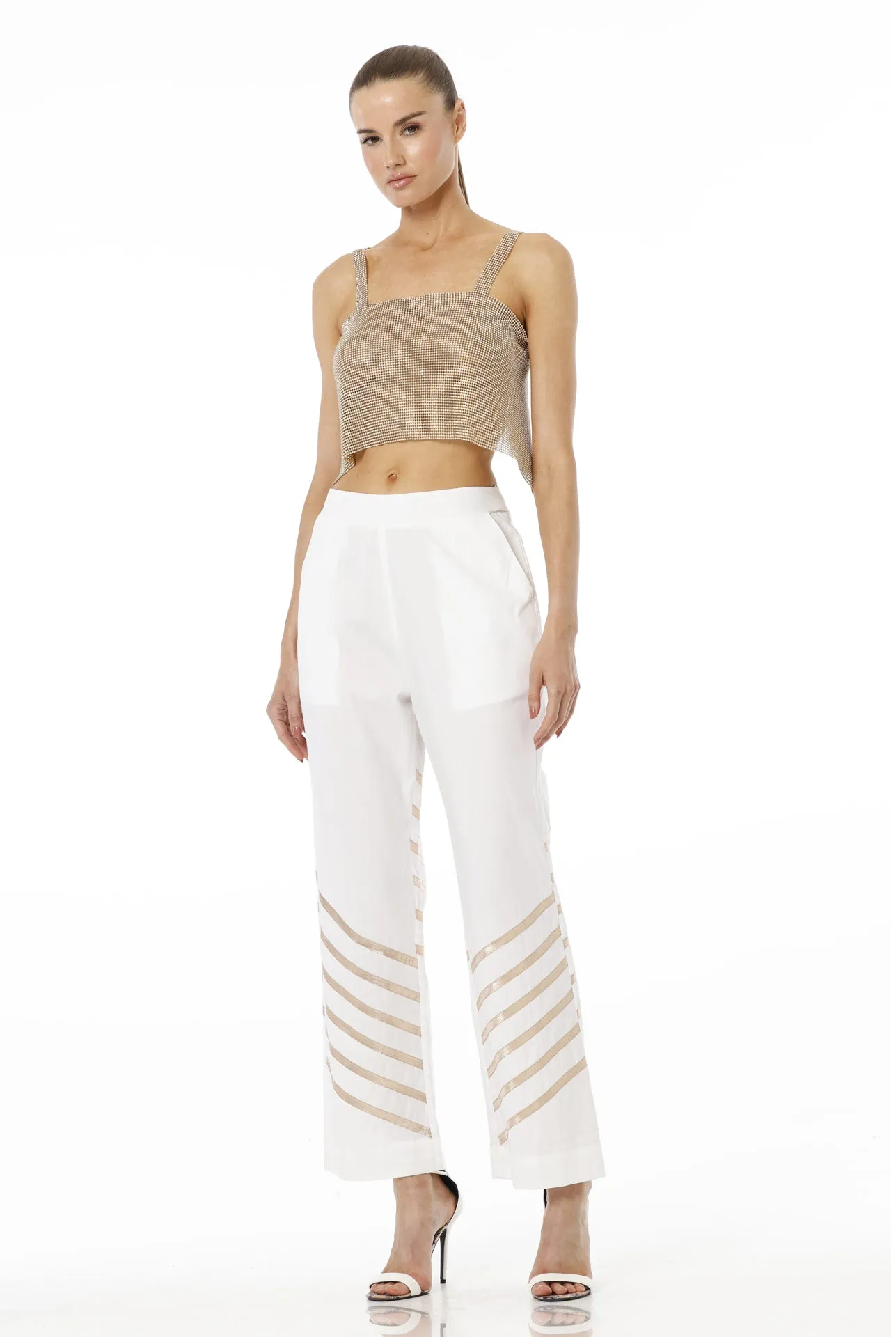 White & Gold Solid  Palazzo Pant