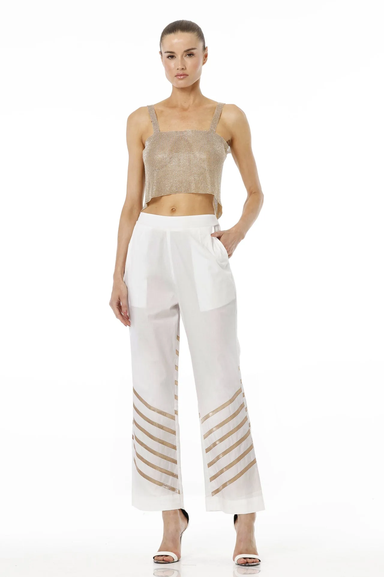 White & Gold Solid  Palazzo Pant