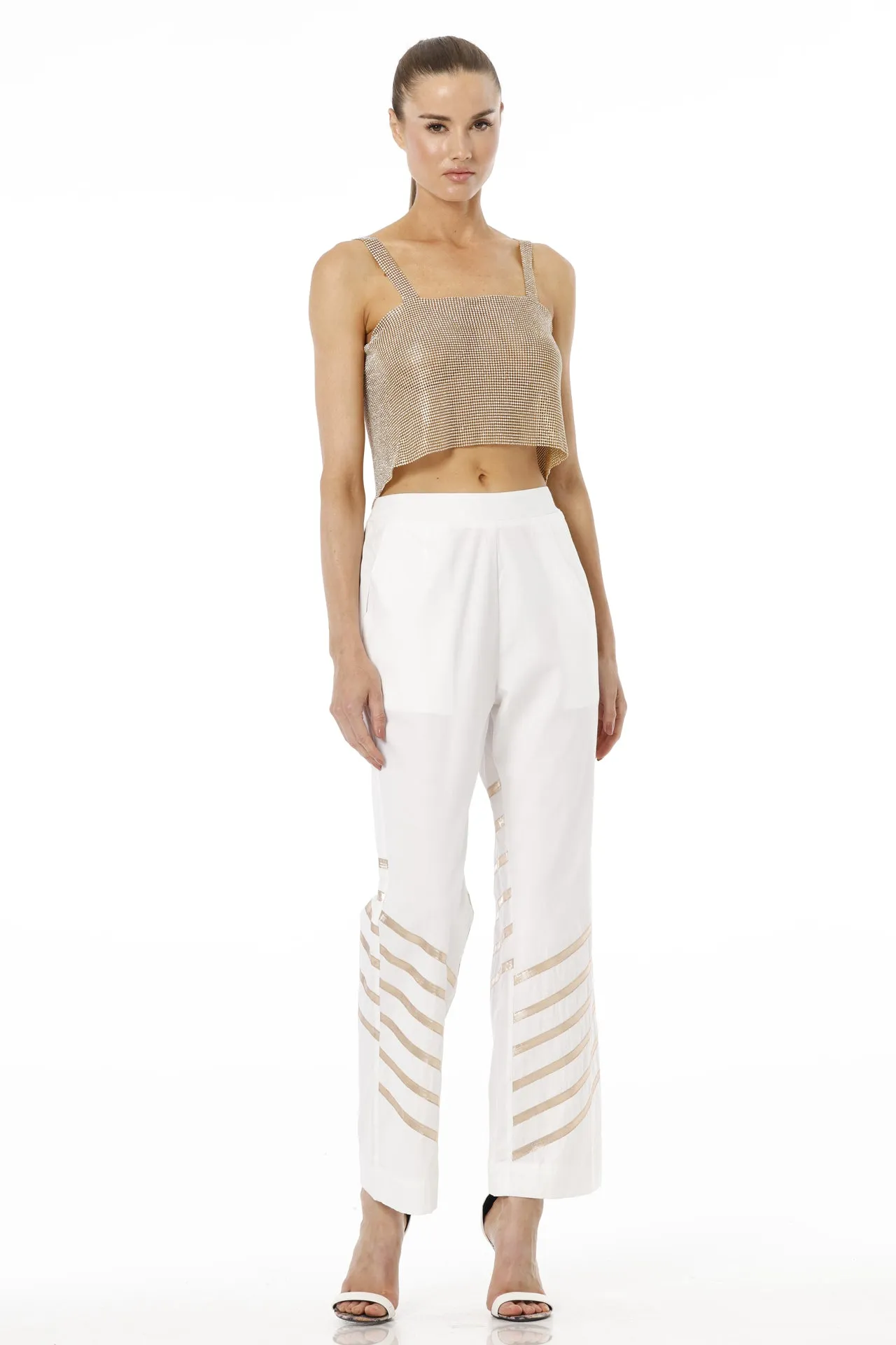 White & Gold Solid  Palazzo Pant