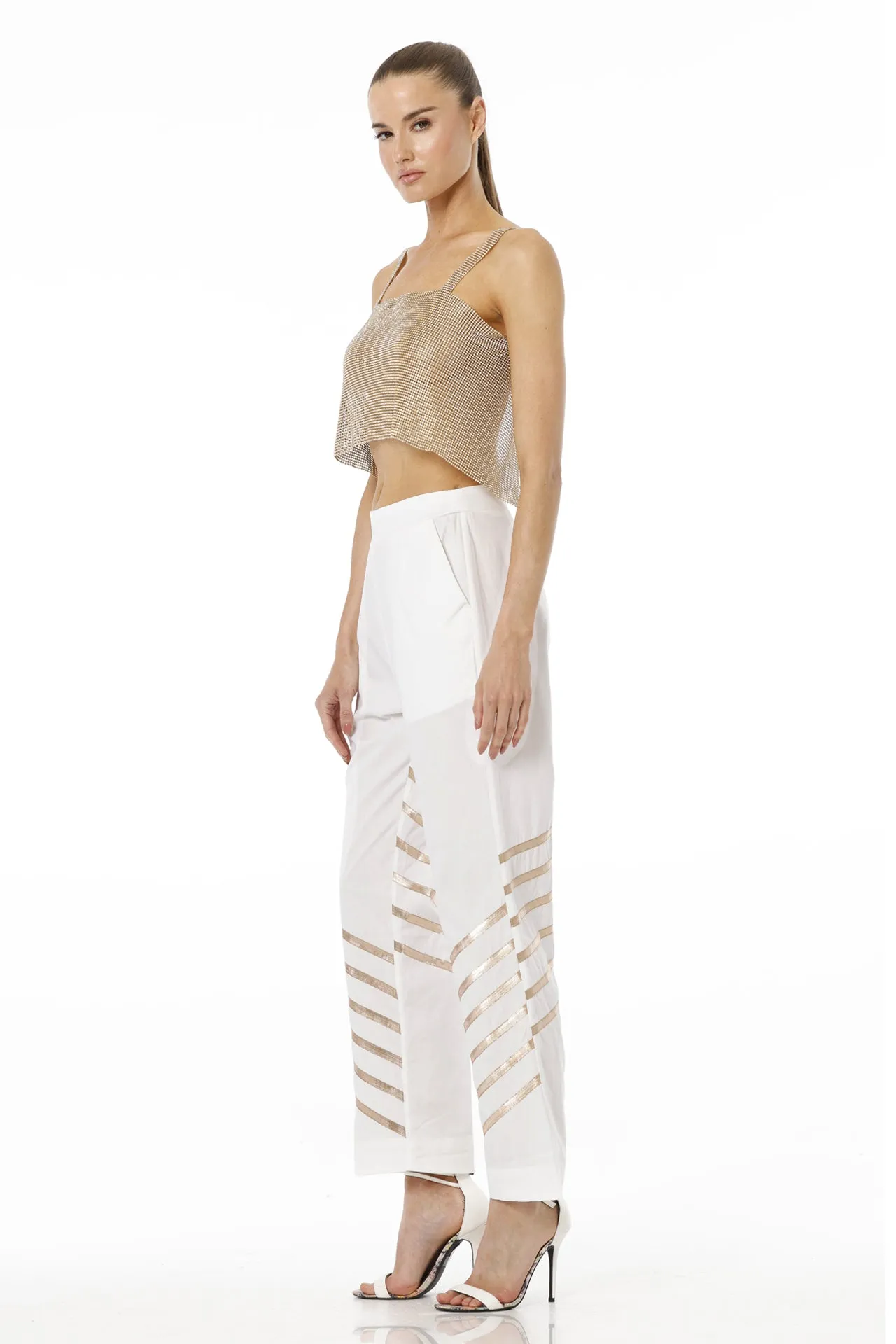 White & Gold Solid  Palazzo Pant