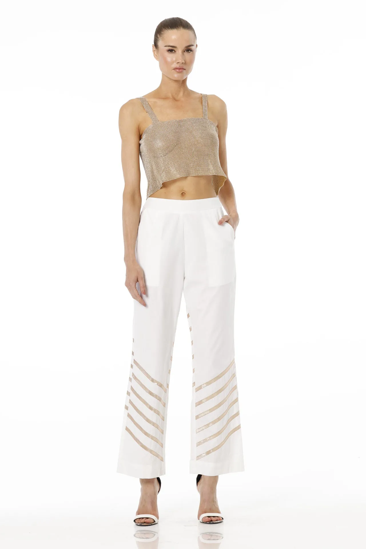 White & Gold Solid  Palazzo Pant