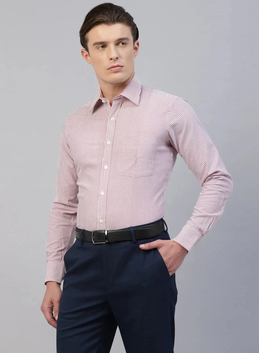 White & Onion Pink 100% Cotton Stripe Formal Shirt