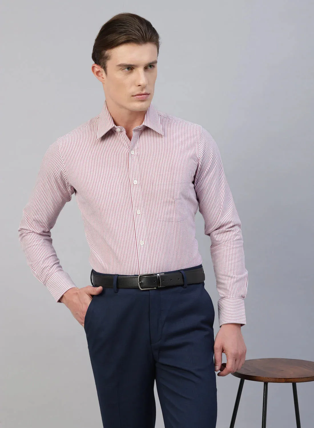 White & Onion Pink 100% Cotton Stripe Formal Shirt