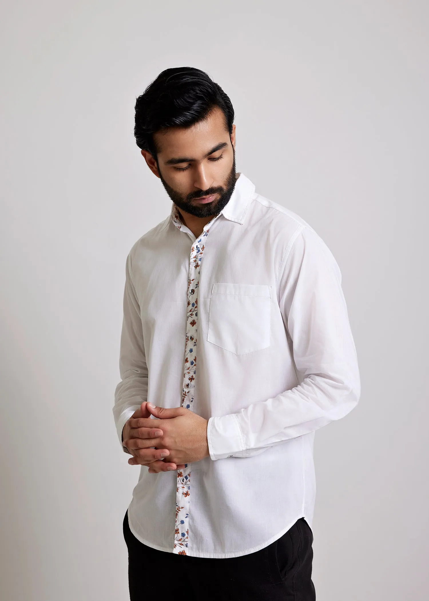 White Regular Cotton Miniature Ditsy Floral Full Sleeve Shirt