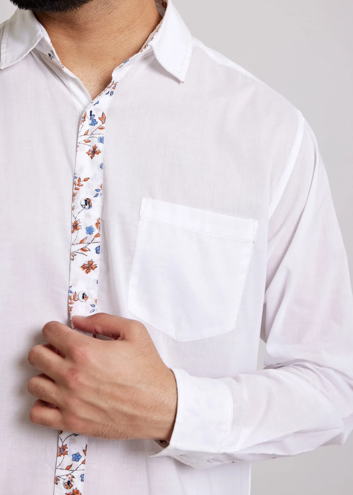 White Regular Cotton Miniature Ditsy Floral Full Sleeve Shirt