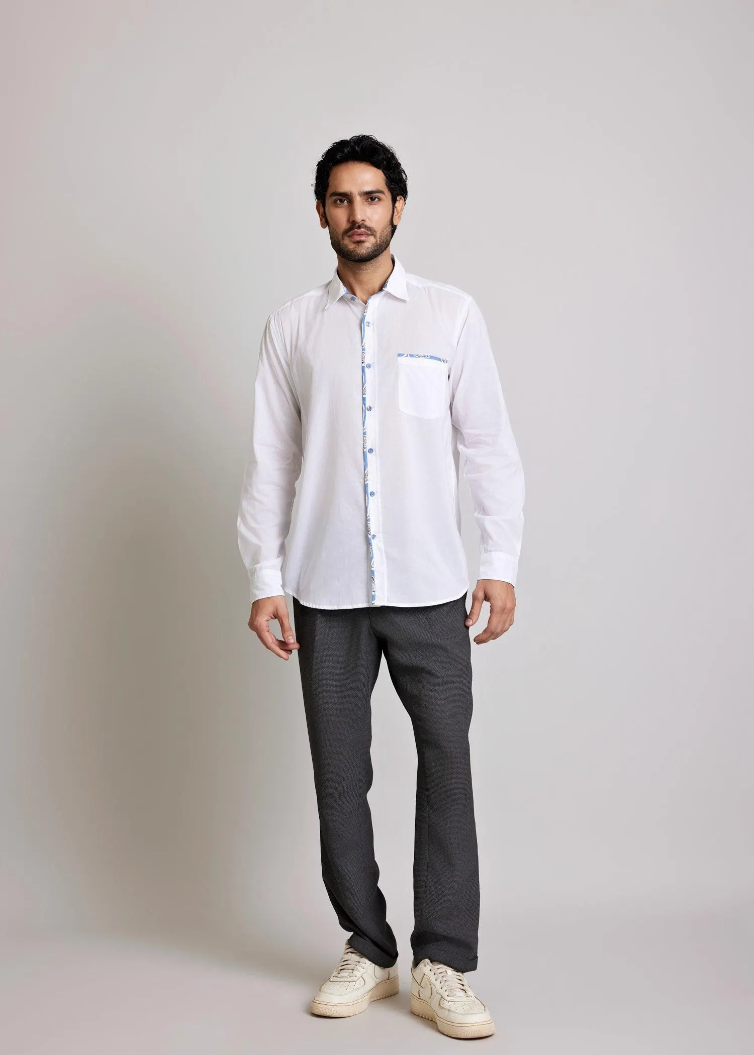White Regular Cotton Vintage Floral Jaal Full Sleeve Shirt