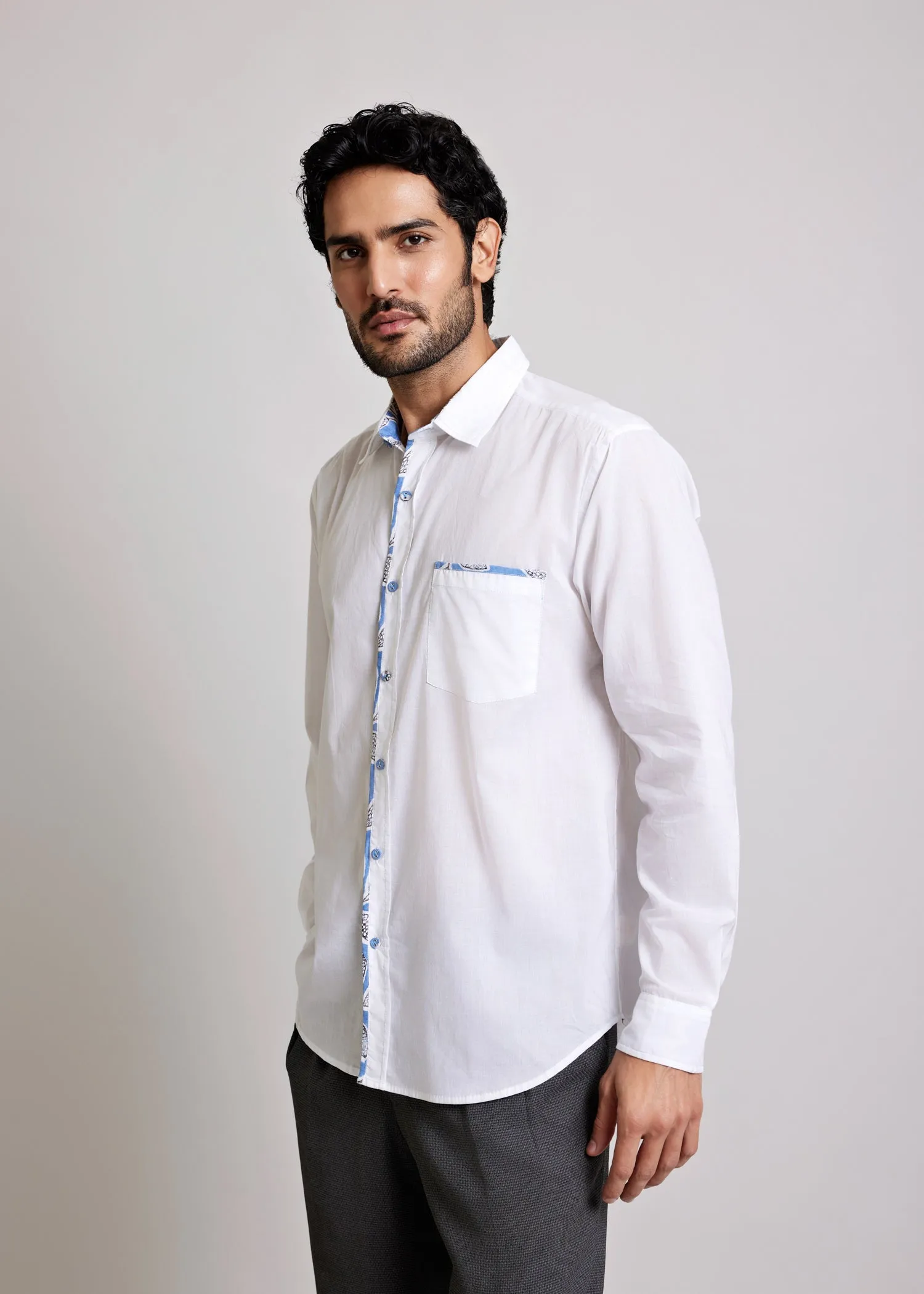 White Regular Cotton Vintage Floral Jaal Full Sleeve Shirt