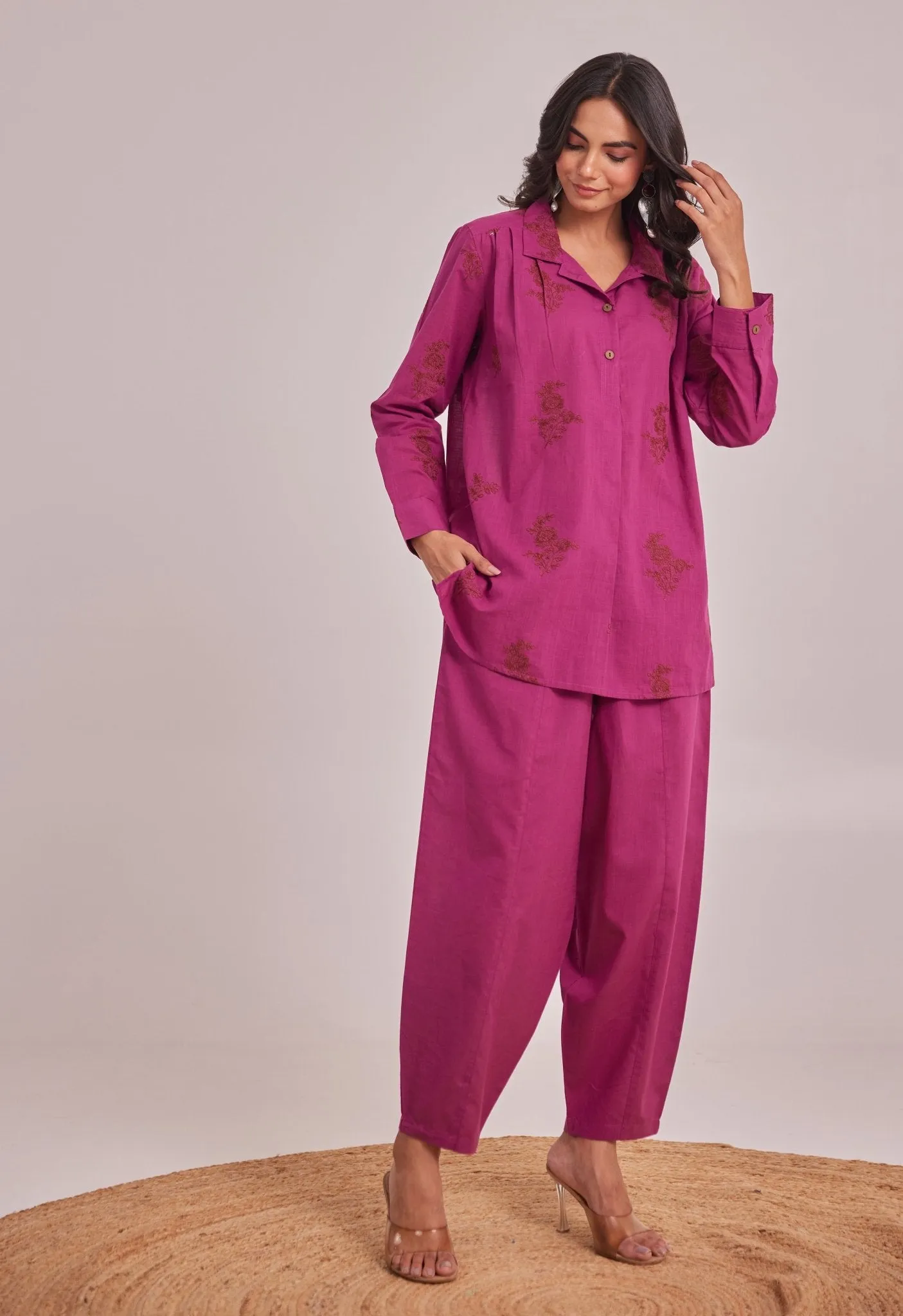 WINE EMBROIDERED CO-ORD SET