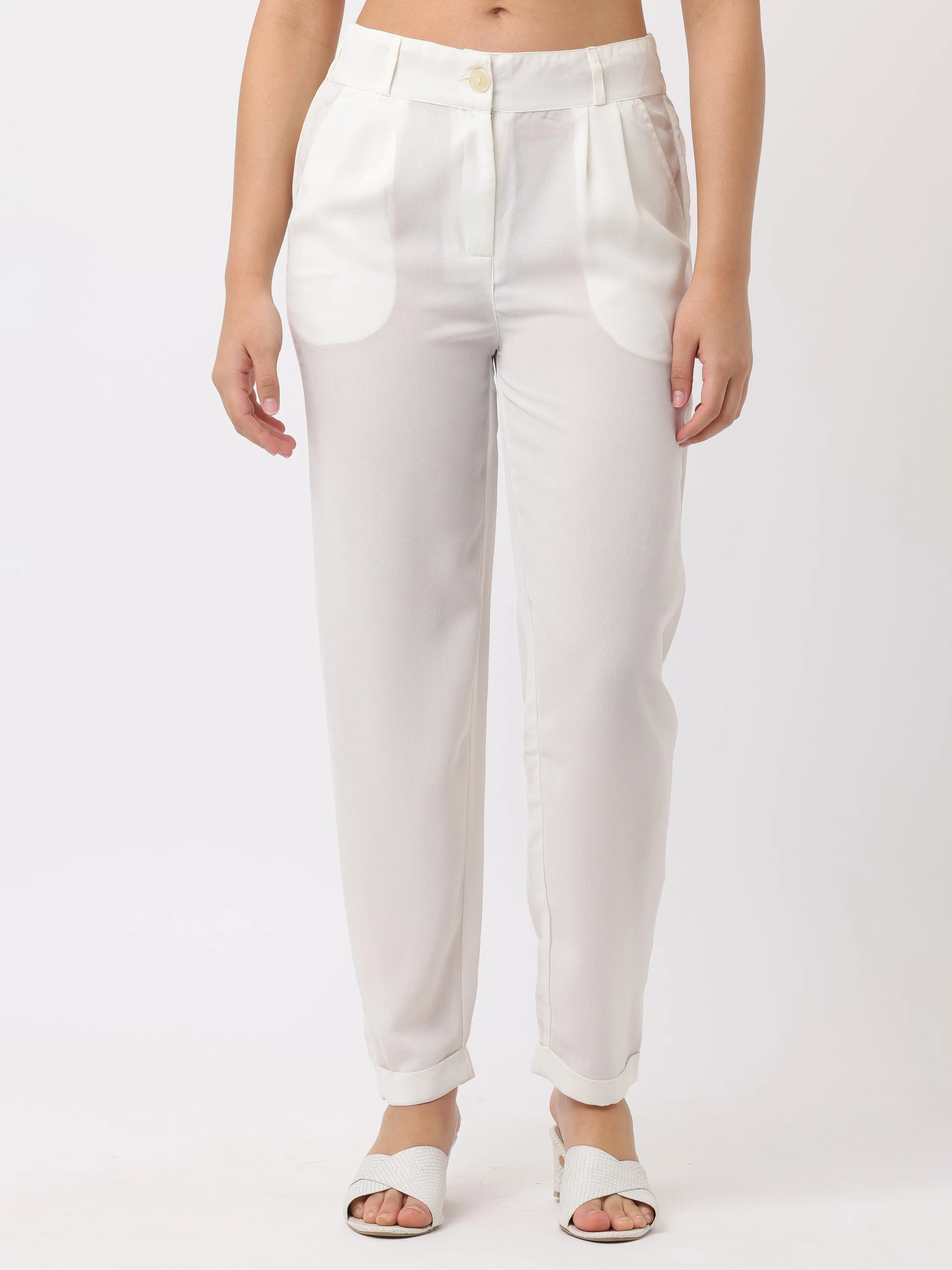 Women White Regular Fit Georgette Pants