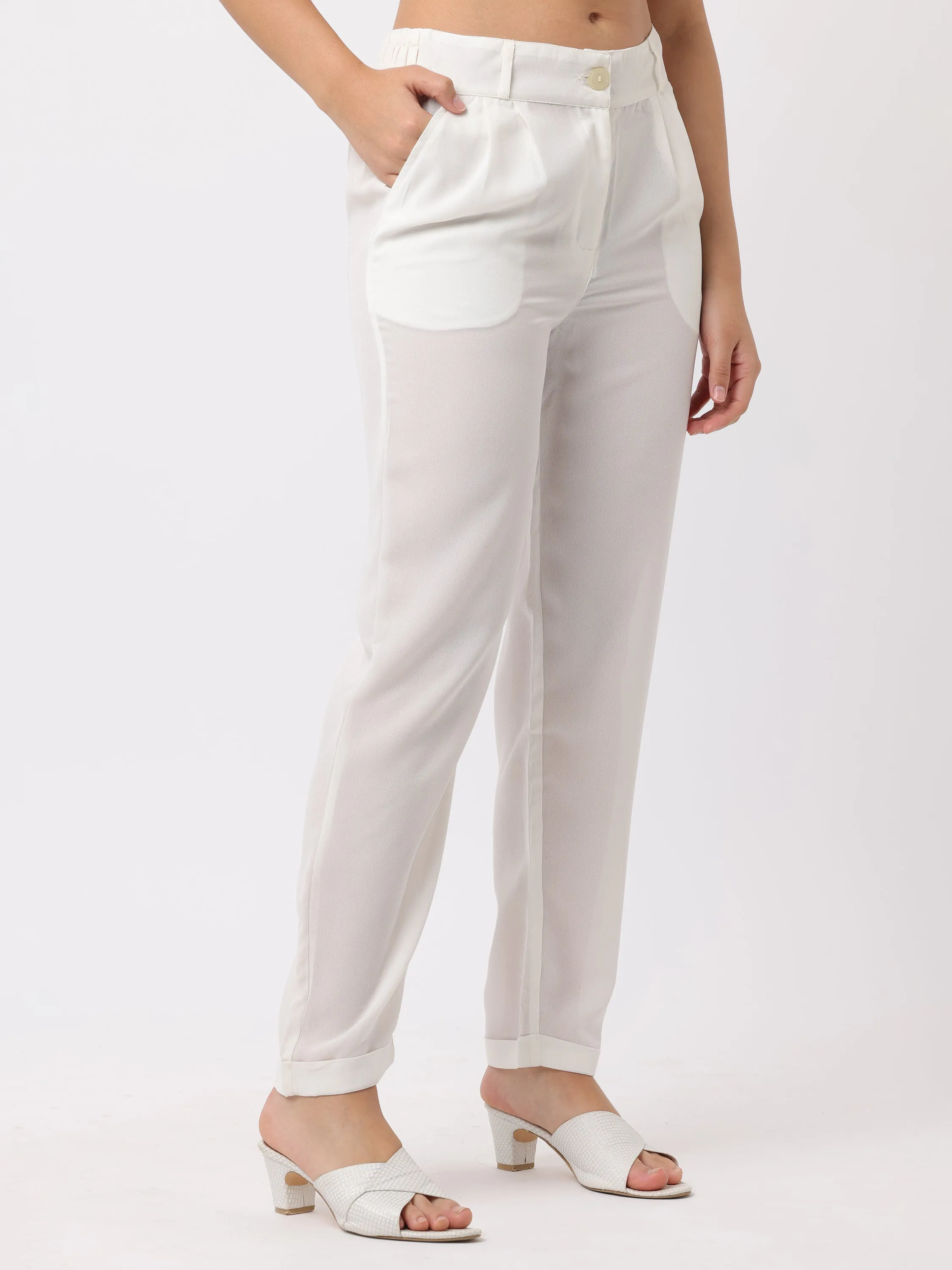 Women White Regular Fit Georgette Pants