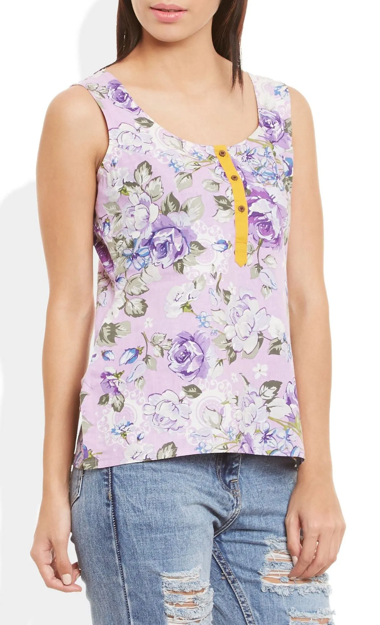 Womens Cotton Printed Short Top Kurti Sleeveless With Contrast Placket And Buttons,2X-Large,W-CST40-3117