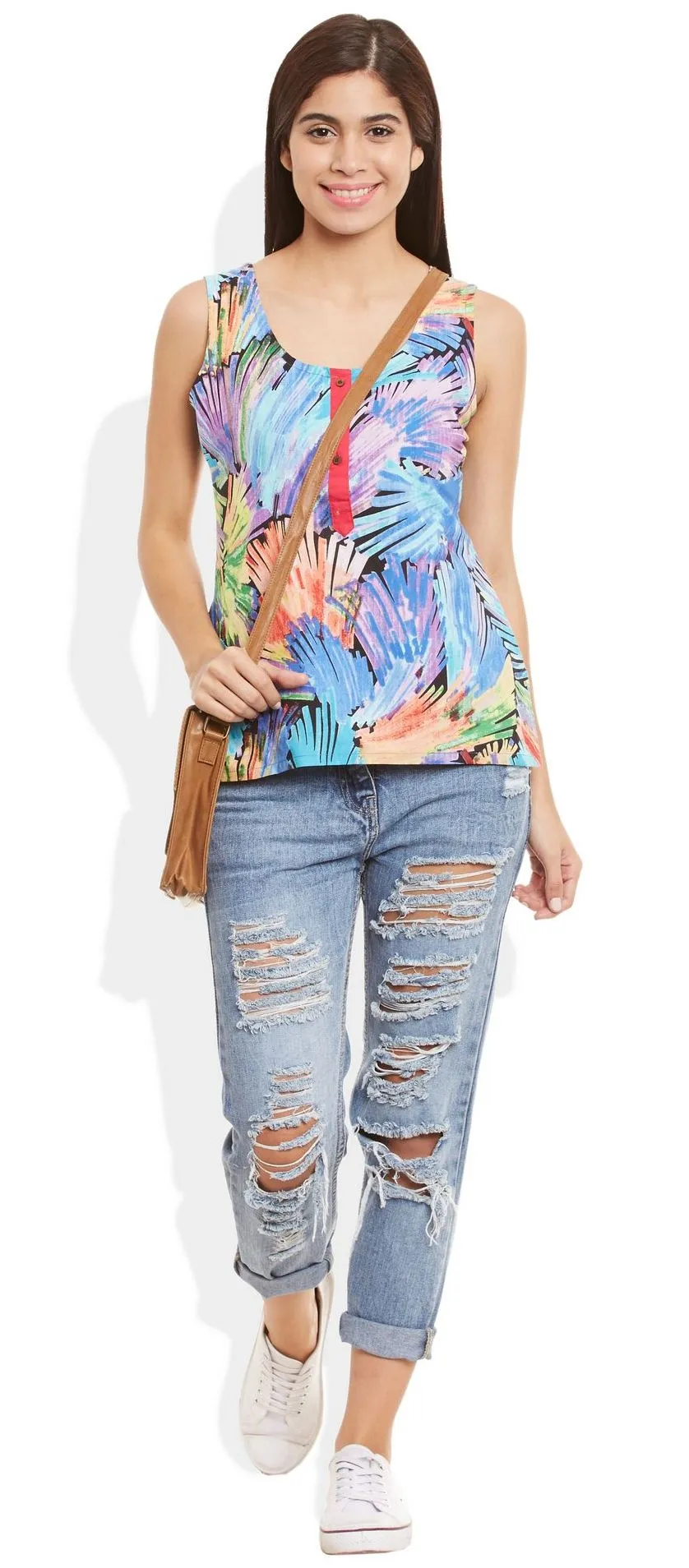 Womens Cotton Printed Short Top Kurti Sleeveless With Contrast Placket And Buttons,2X-Large,W-CST40-3131