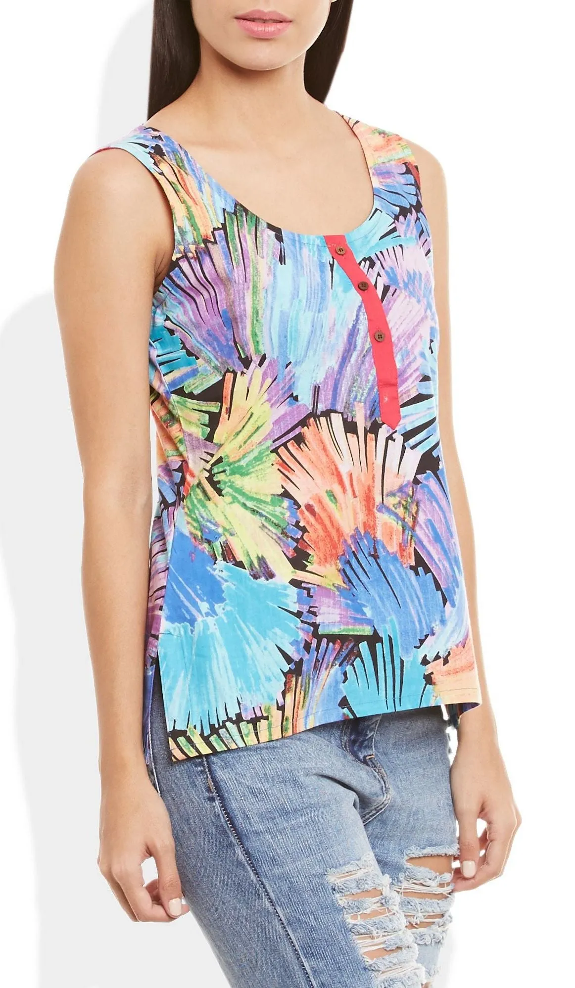 Womens Cotton Printed Short Top Kurti Sleeveless With Contrast Placket And Buttons,2X-Large,W-CST40-3131