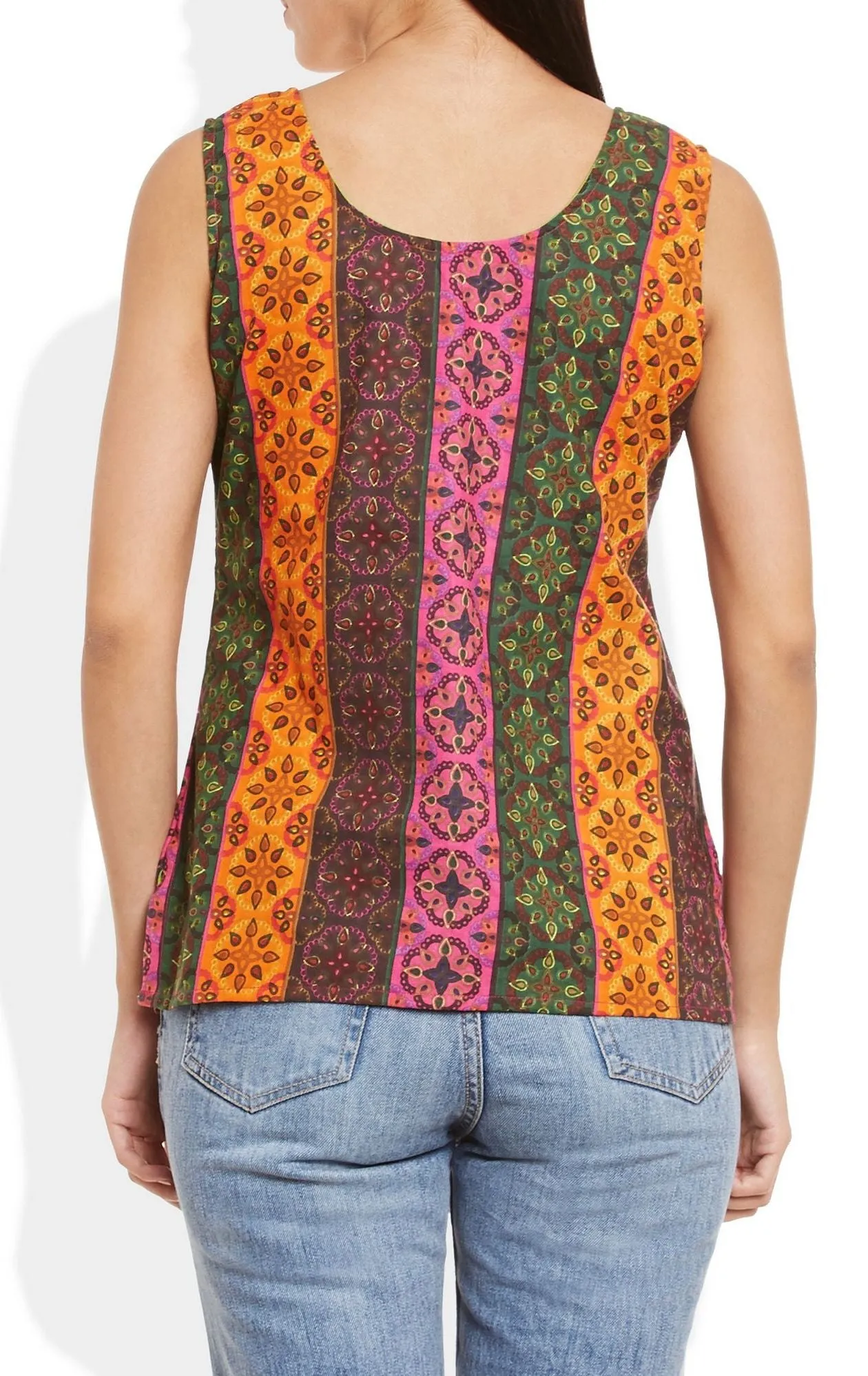 Womens Cotton Printed Short Top Kurti Sleeveless With Contrast Placket And Buttons,3X-Large,W-CST42-3102