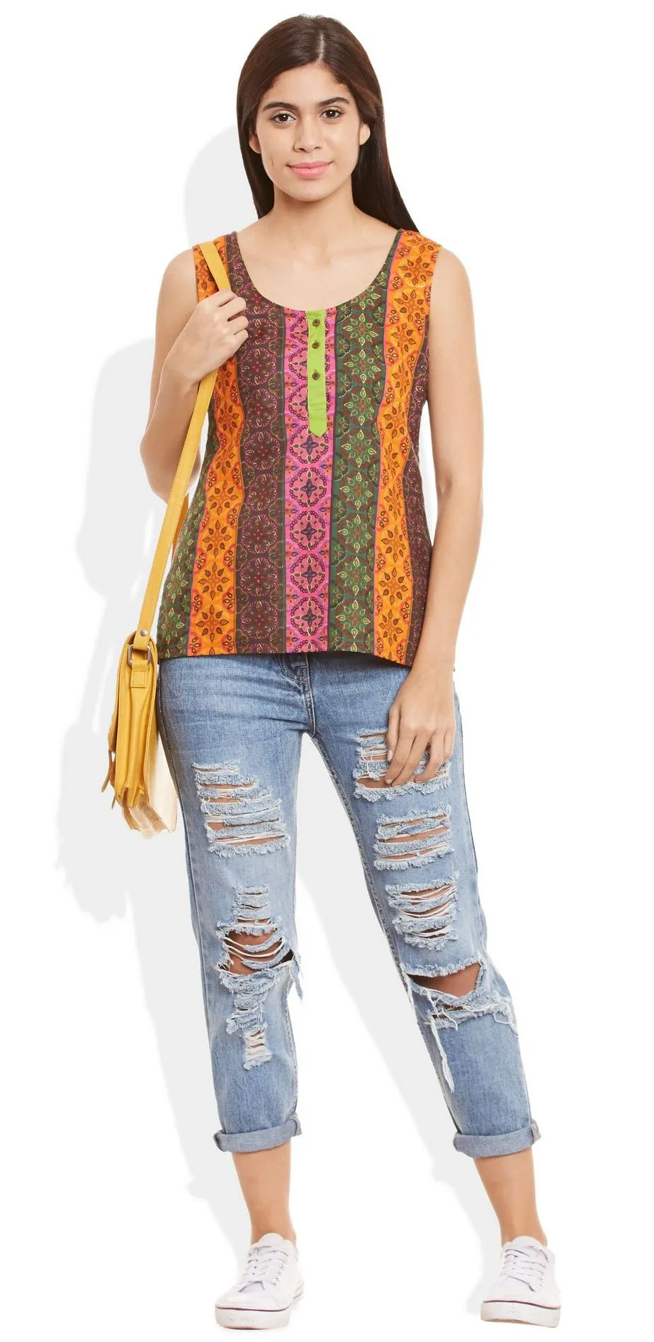 Womens Cotton Printed Short Top Kurti Sleeveless With Contrast Placket And Buttons,3X-Large,W-CST42-3102
