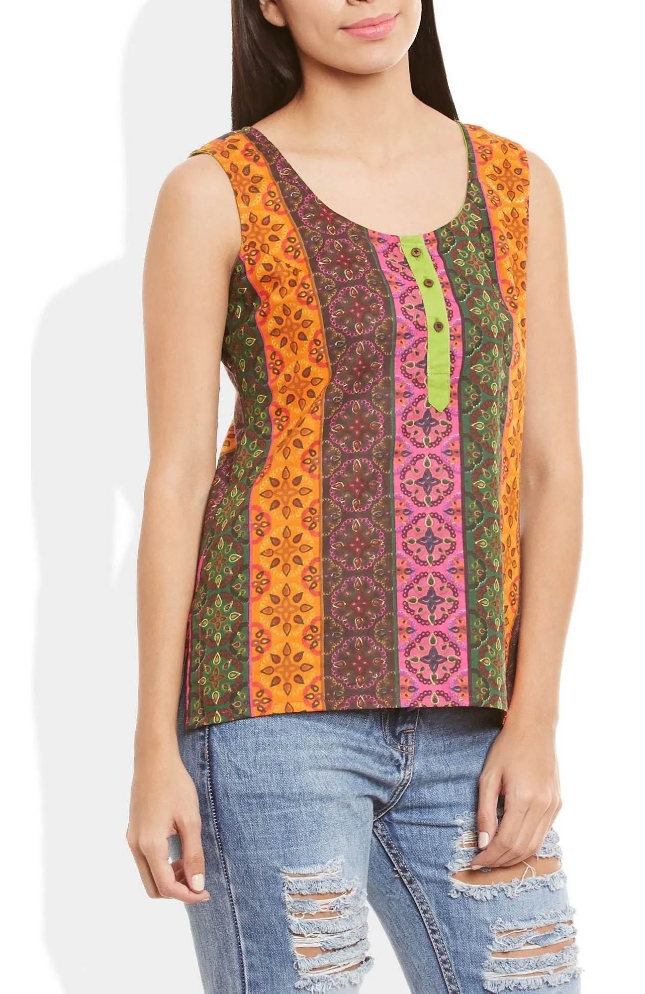 Womens Cotton Printed Short Top Kurti Sleeveless With Contrast Placket And Buttons,3X-Large,W-CST42-3102
