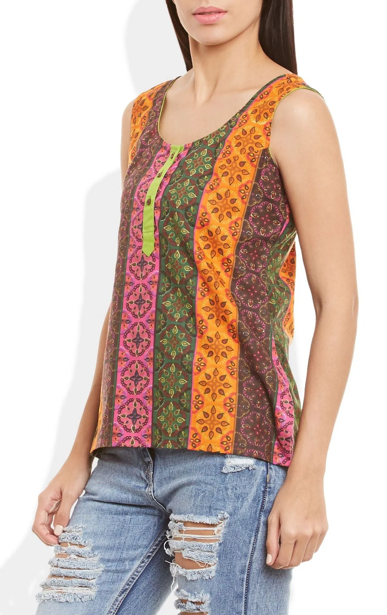 Womens Cotton Printed Short Top Kurti Sleeveless With Contrast Placket And Buttons,3X-Large,W-CST42-3102