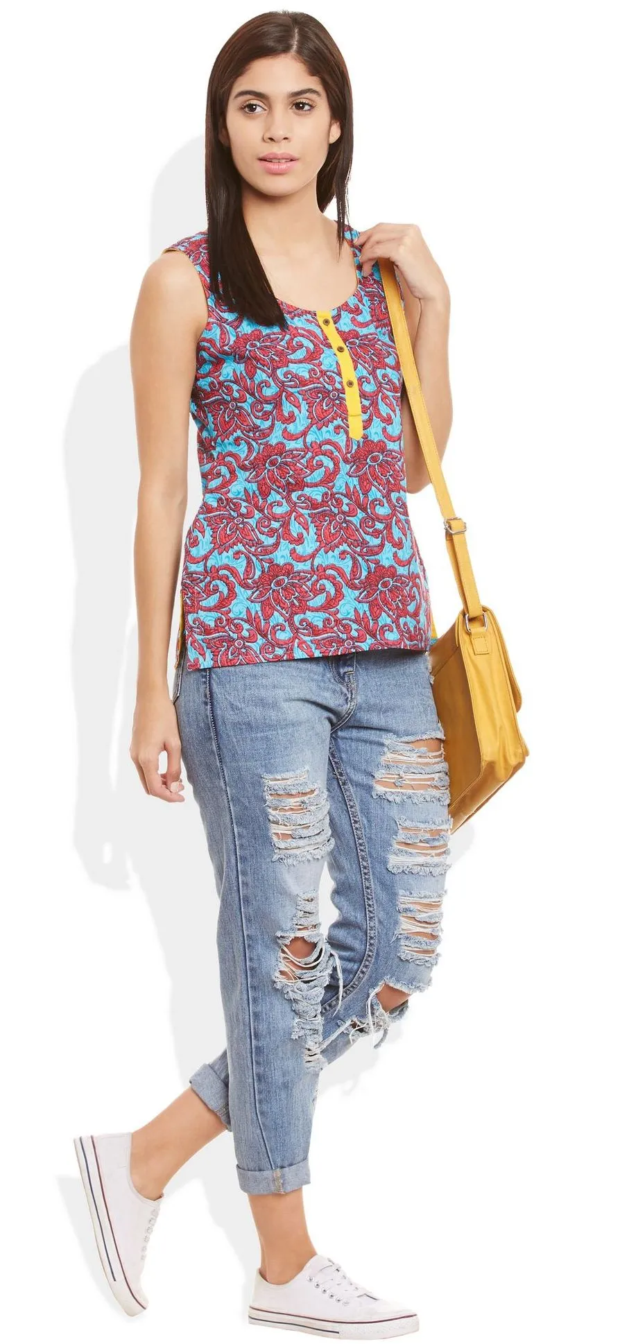 Womens Cotton Printed Short Top Kurti Sleeveless With Contrast Placket And Buttons,3X-Large,W-CST42-3114