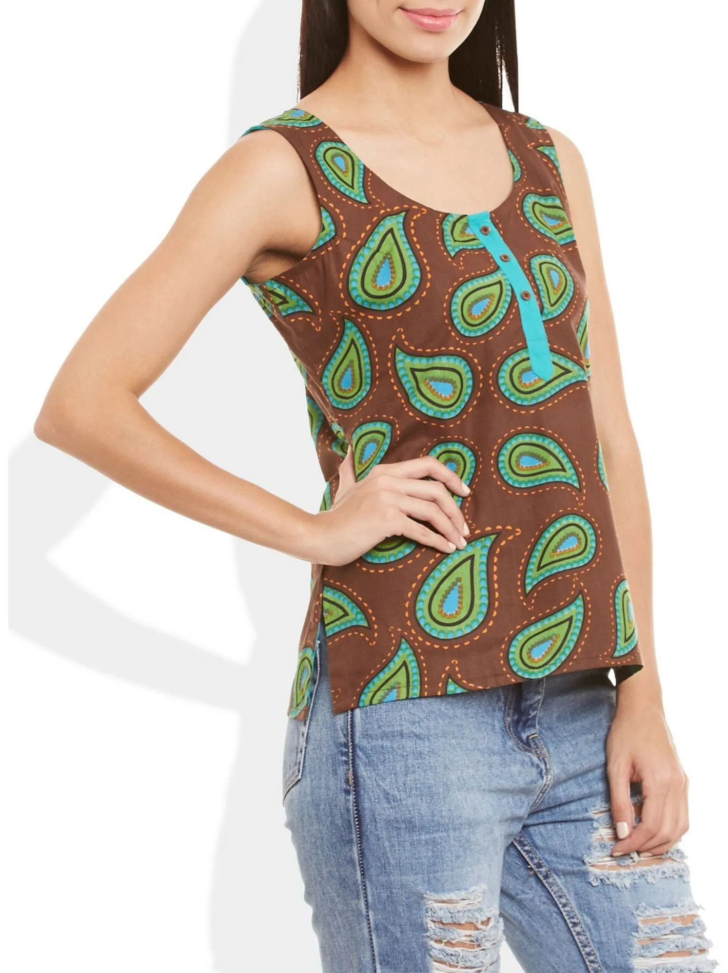Womens Cotton Printed Short Top Kurti Sleeveless With Contrast Placket And Buttons,3X-Large,W-CST42-3122
