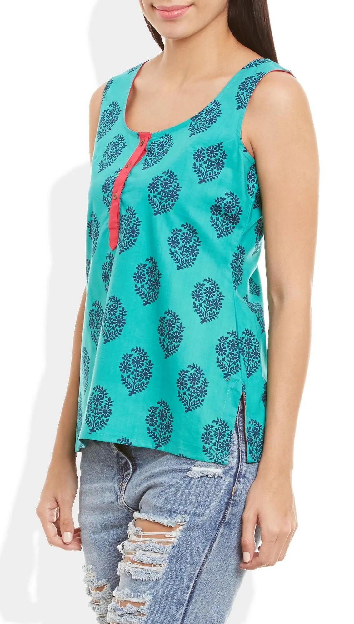 Womens Cotton Printed Short Top Kurti Sleeveless With Contrast Placket And Buttons,5X-Large,W-CST46-3132