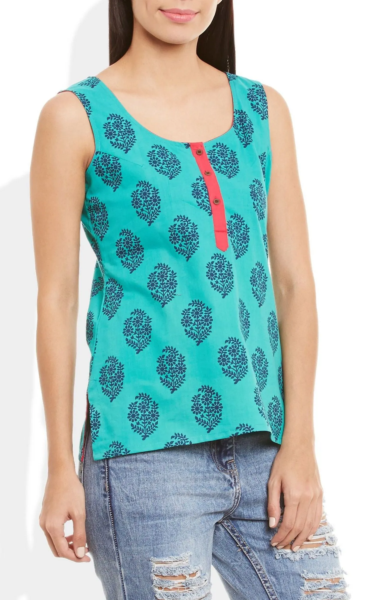 Womens Cotton Printed Short Top Kurti Sleeveless With Contrast Placket And Buttons,5X-Large,W-CST46-3132