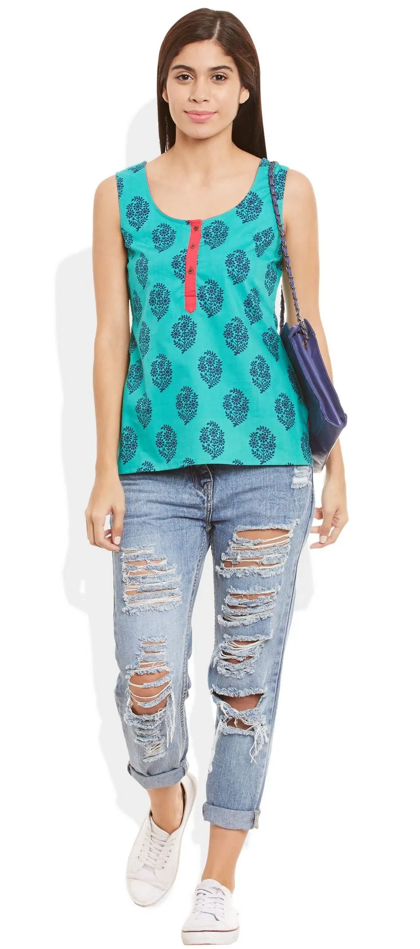 Womens Cotton Printed Short Top Kurti Sleeveless With Contrast Placket And Buttons,5X-Large,W-CST46-3132