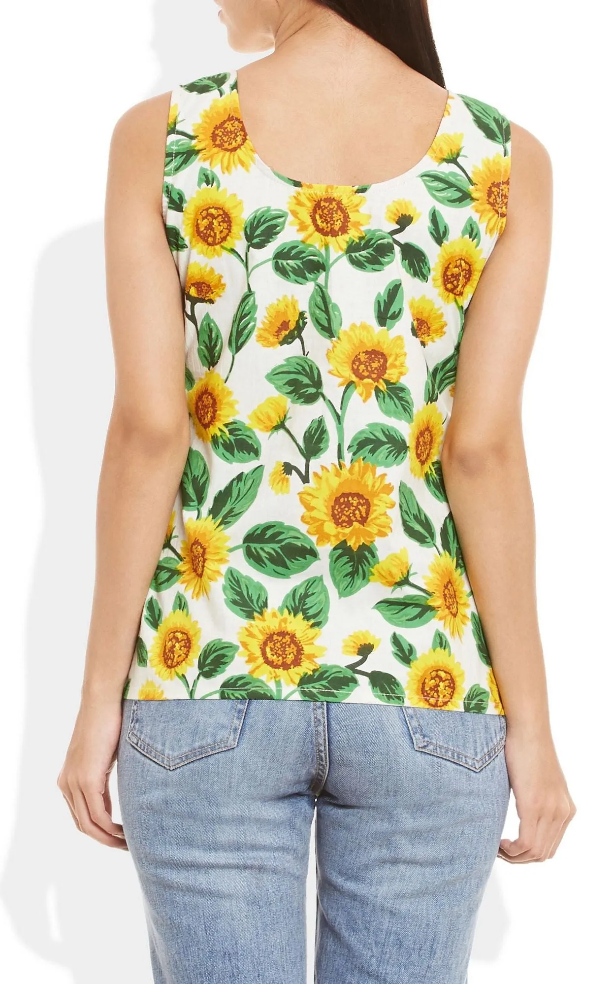 Womens Cotton Printed Short Top Kurti Sleeveless With Contrast Placket And Buttons,Large,W-CST36-3105