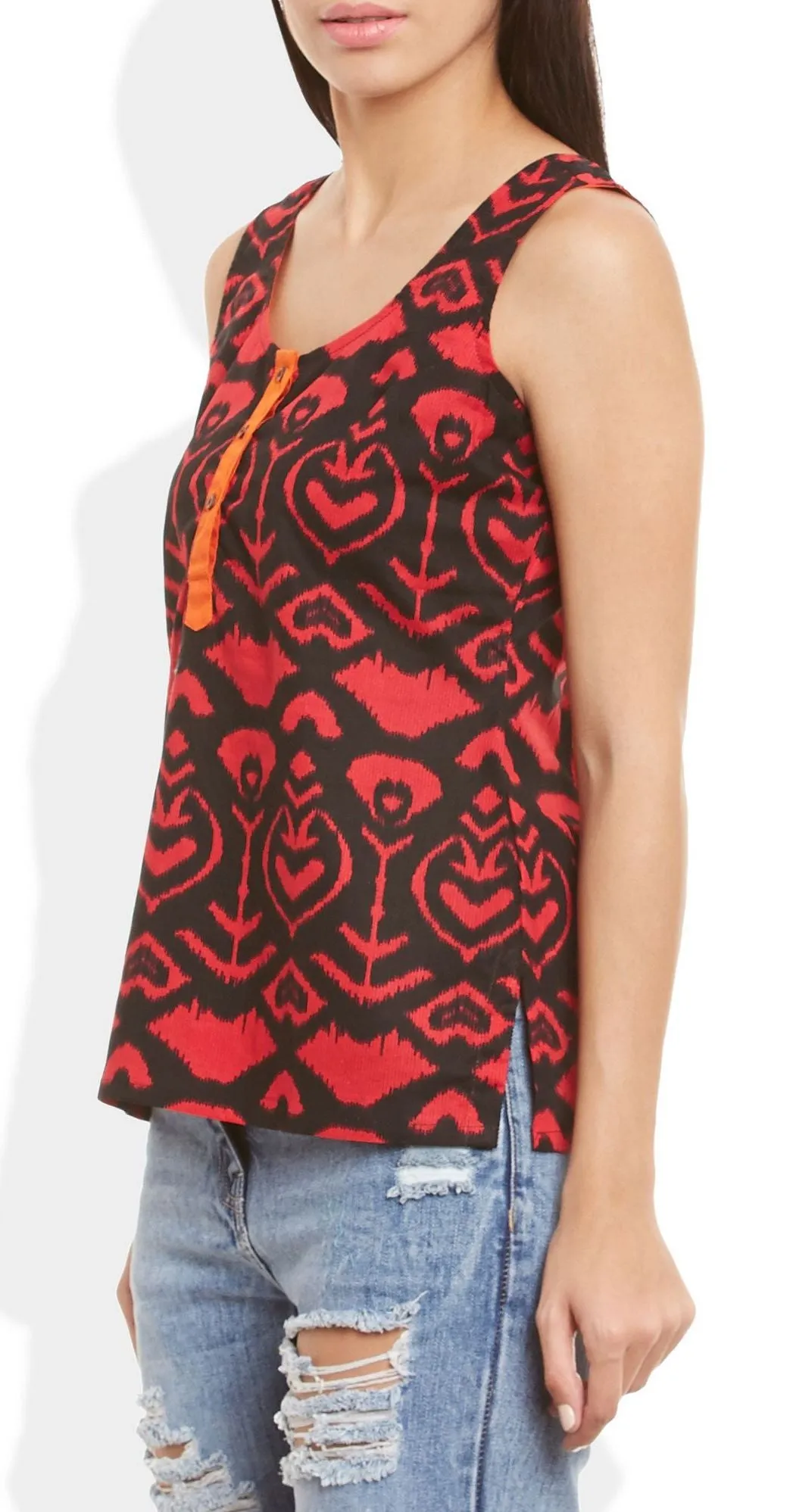 Womens Cotton Printed Short Top Kurti Sleeveless With Contrast Placket And Buttons,Large,W-CST36-3116