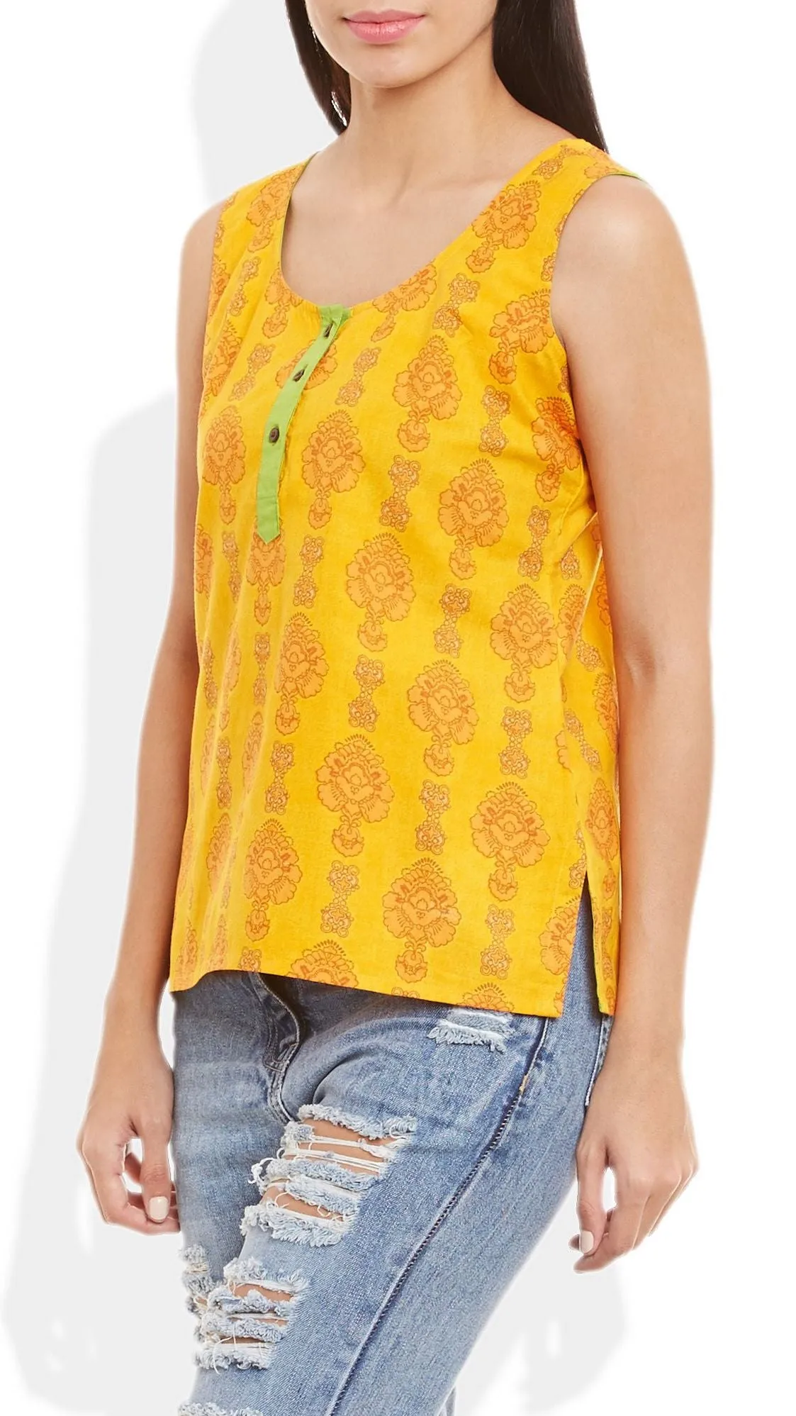 Womens Cotton Printed Short Top Kurti Sleeveless With Contrast Placket And Buttons,Large,W-CST36-3124