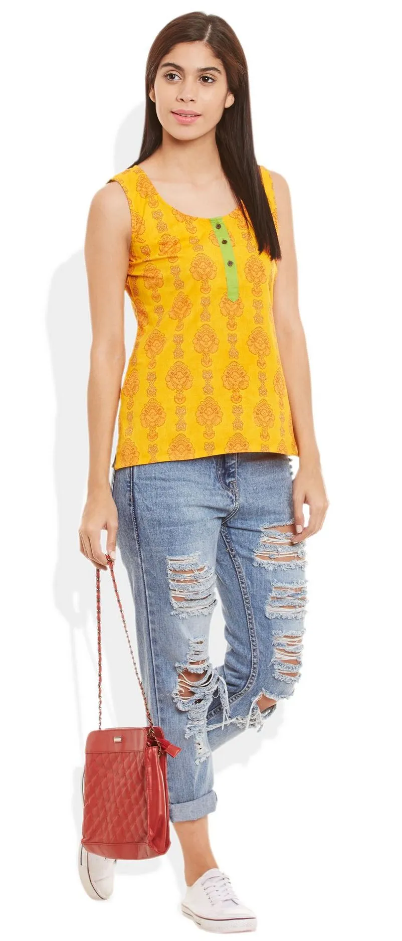 Womens Cotton Printed Short Top Kurti Sleeveless With Contrast Placket And Buttons,Large,W-CST36-3124