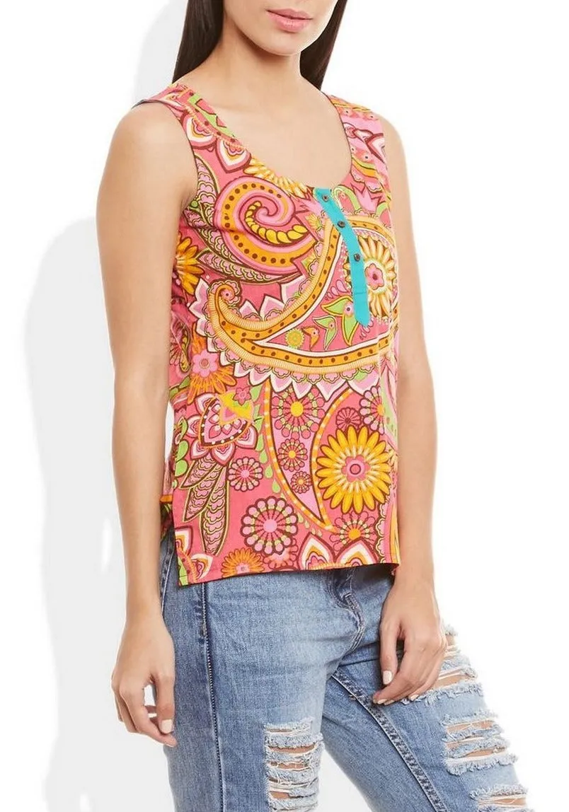 Womens Cotton Printed Short Top Kurti Sleeveless With Contrast Placket And Buttons,Large,W-CST36-3129