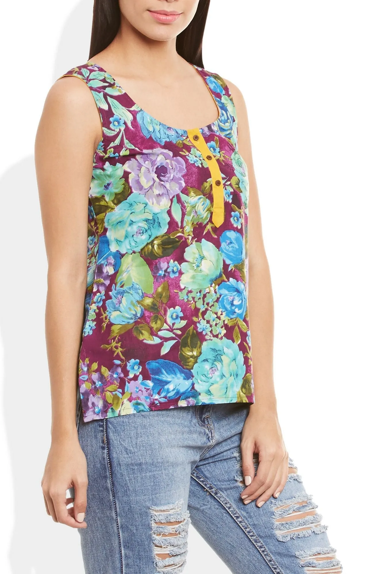 Womens Cotton Printed Short Top Kurti Sleeveless With Contrast Placket And Buttons,Medium,W-CST34-3120