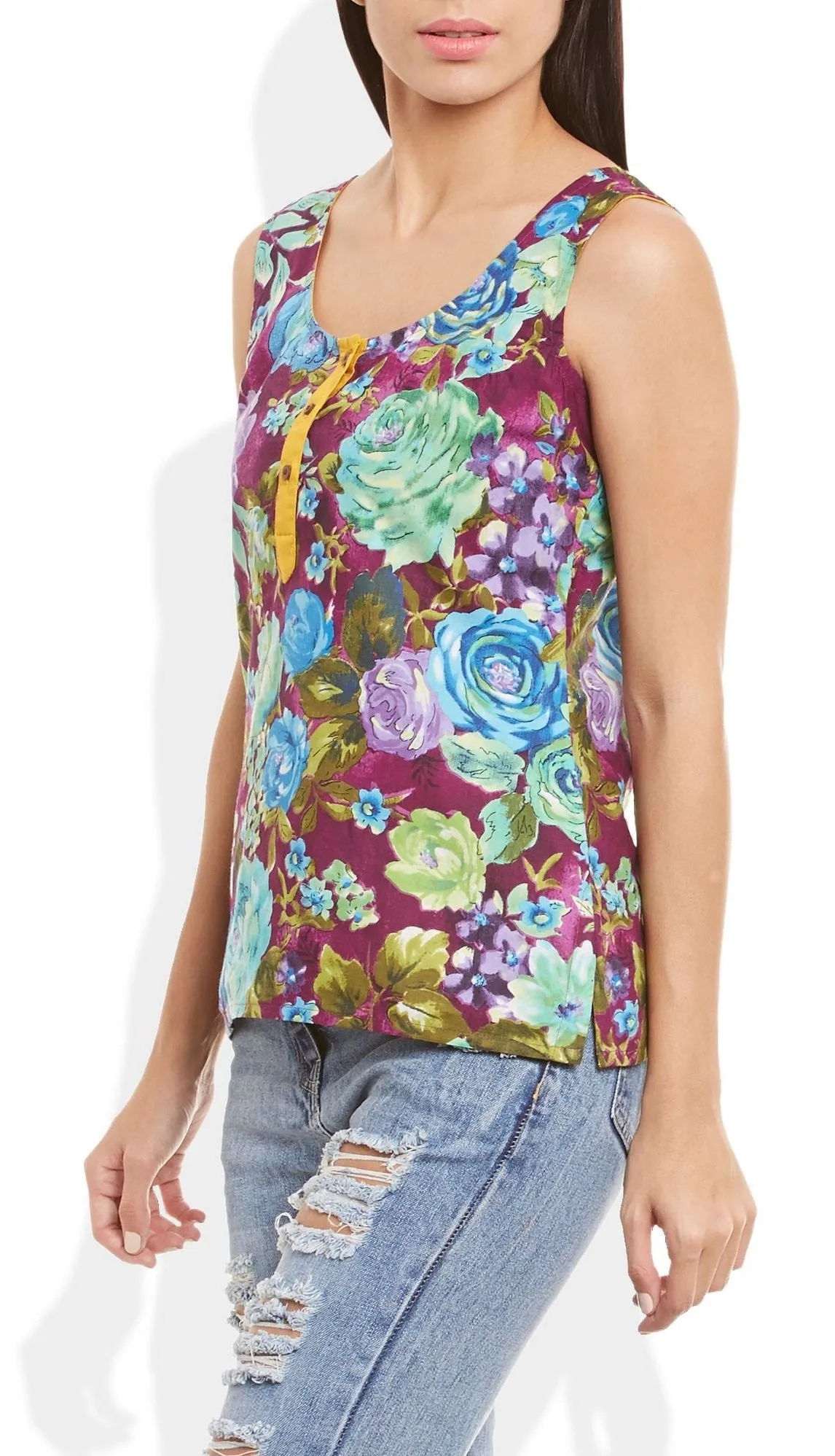 Womens Cotton Printed Short Top Kurti Sleeveless With Contrast Placket And Buttons,Medium,W-CST34-3120