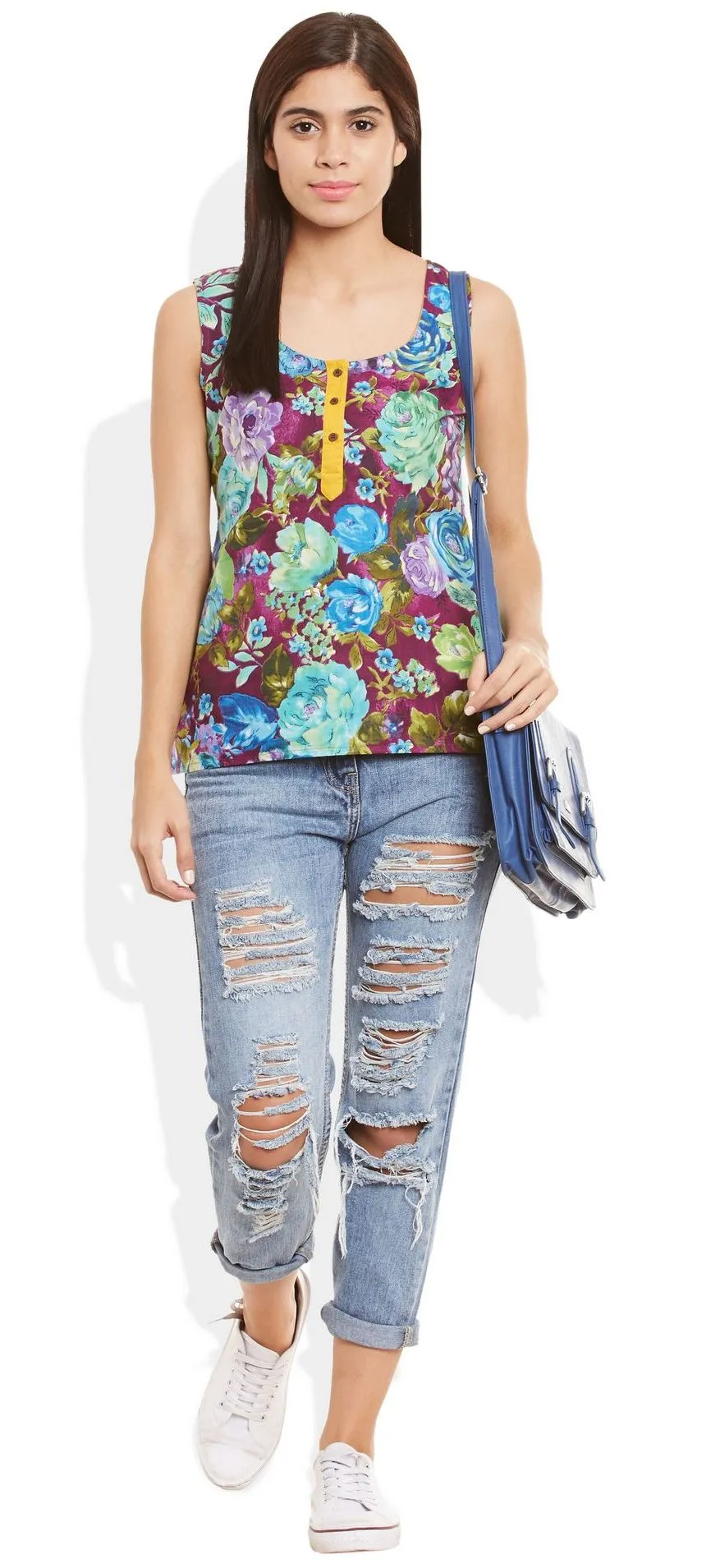 Womens Cotton Printed Short Top Kurti Sleeveless With Contrast Placket And Buttons,Medium,W-CST34-3120
