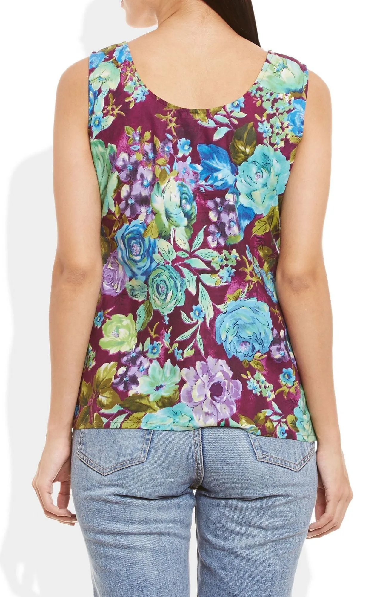 Womens Cotton Printed Short Top Kurti Sleeveless With Contrast Placket And Buttons,Medium,W-CST34-3120