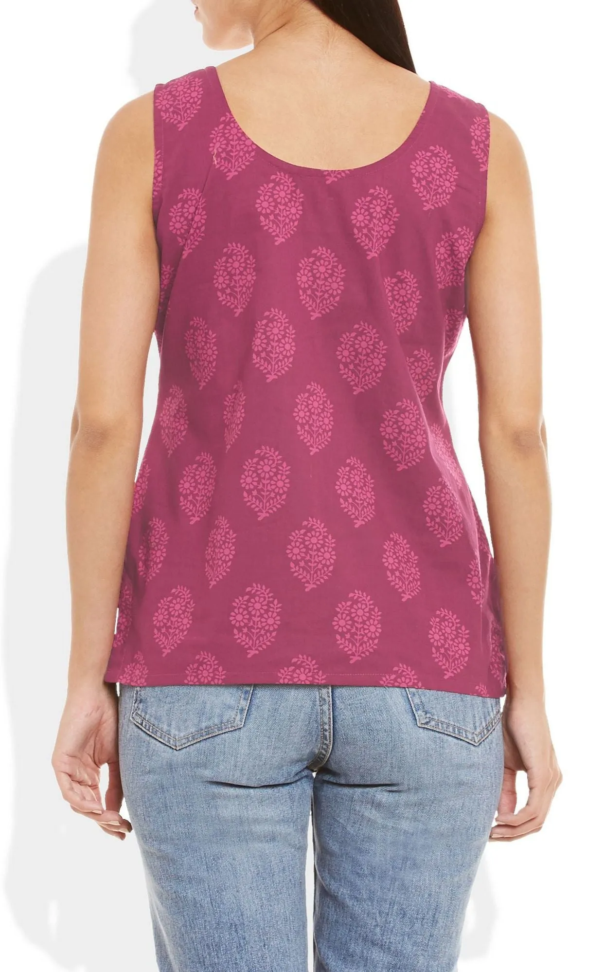 Womens Cotton Printed Short Top Kurti Sleeveless With Contrast Placket And Buttons,Small,W-CST32-3118