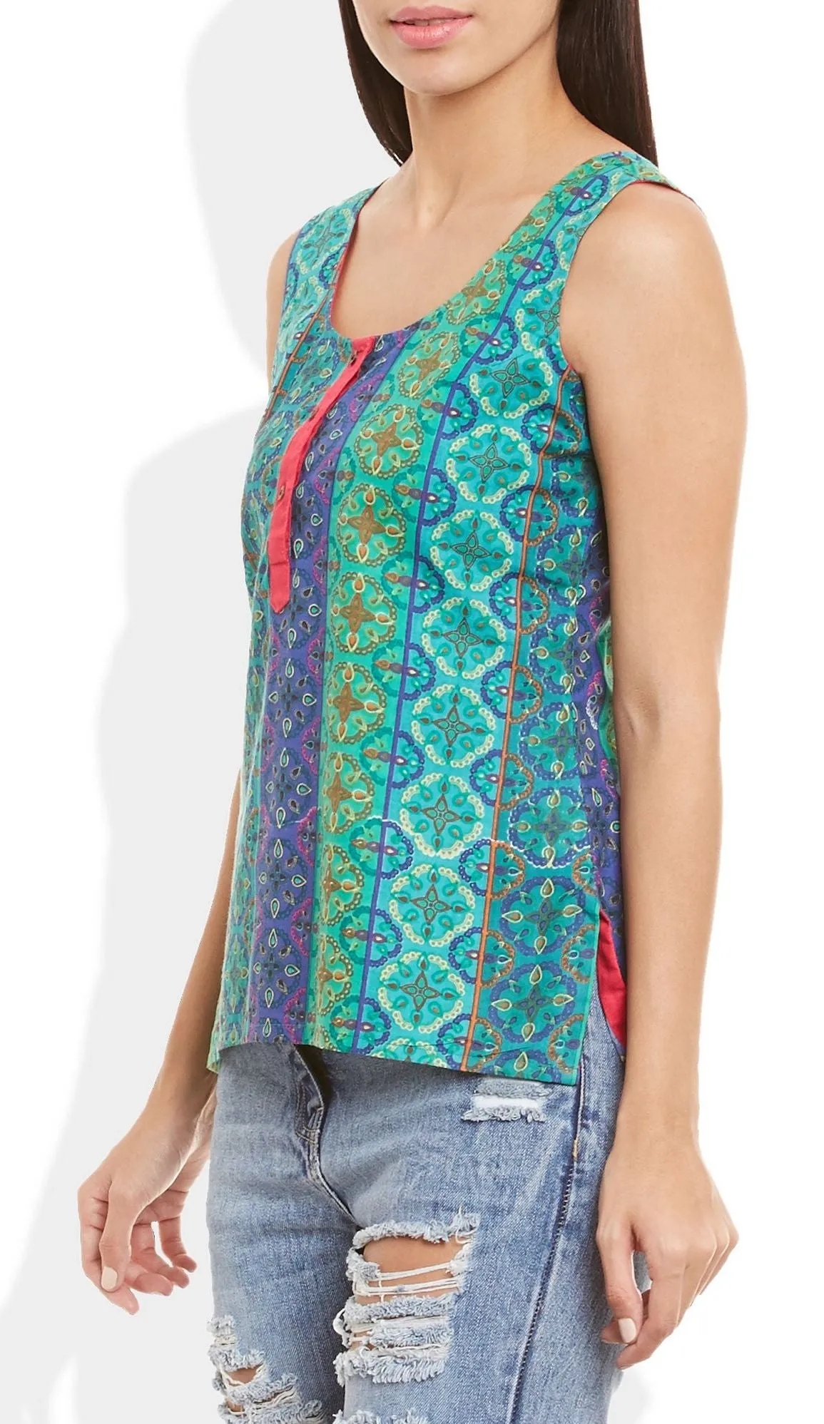 Womens Cotton Printed Short Top Kurti Sleeveless With Contrast Placket And Buttons,X-Large,W-CST38-3125