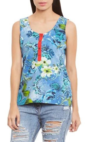 Womens Cotton Printed Short Top Kurti Sleeveless With Contrast Placket And Buttons,X-Large,W-CST38-3136