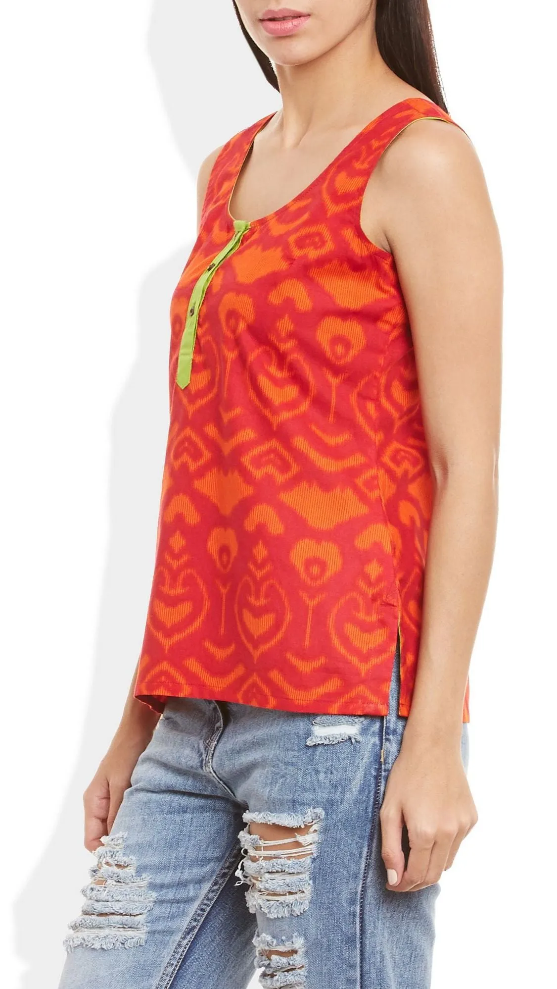 Womens Cotton Printed Short Top Kurti Sleeveless With Contrast Placket And Buttons,X-Large,W-CST38-3138