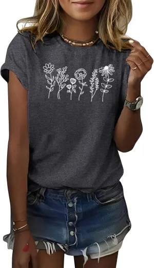 Women's Floral Tee Wildflower Graphic T Shirt Summer Flower Casual Loose Top Crew Neck Short Sleeve Shirts Tees